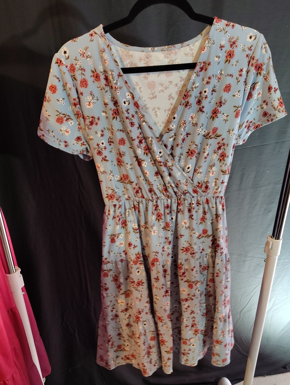 Light Blue Floral Faux Wrap-Style Women's Dress